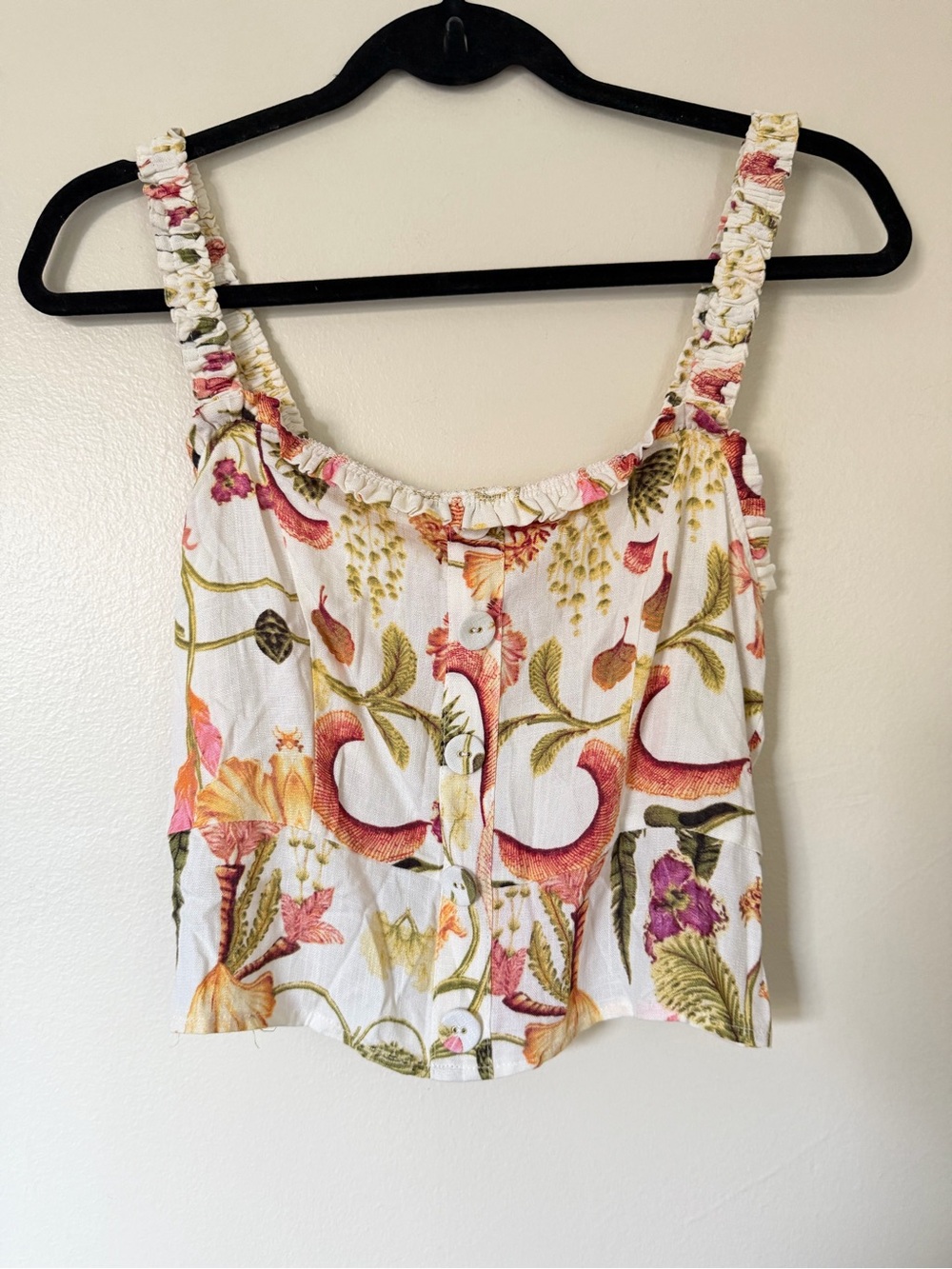 Rose & Olive Floral Button-Front Crop Top White, Pink, Green Tropical NWT Size S